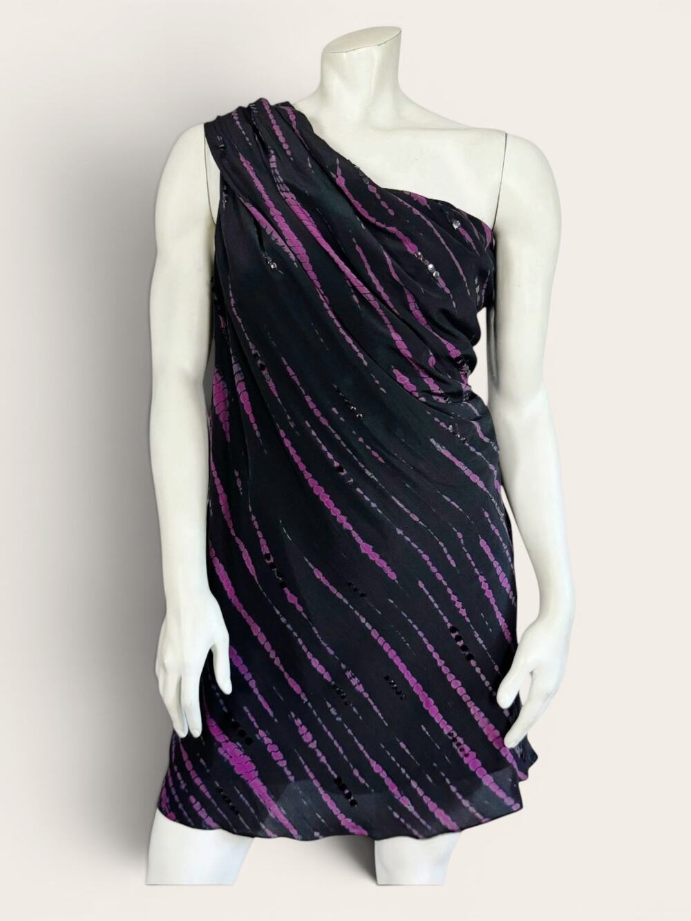 Black Purple Abstract Print One Shoulder Dress